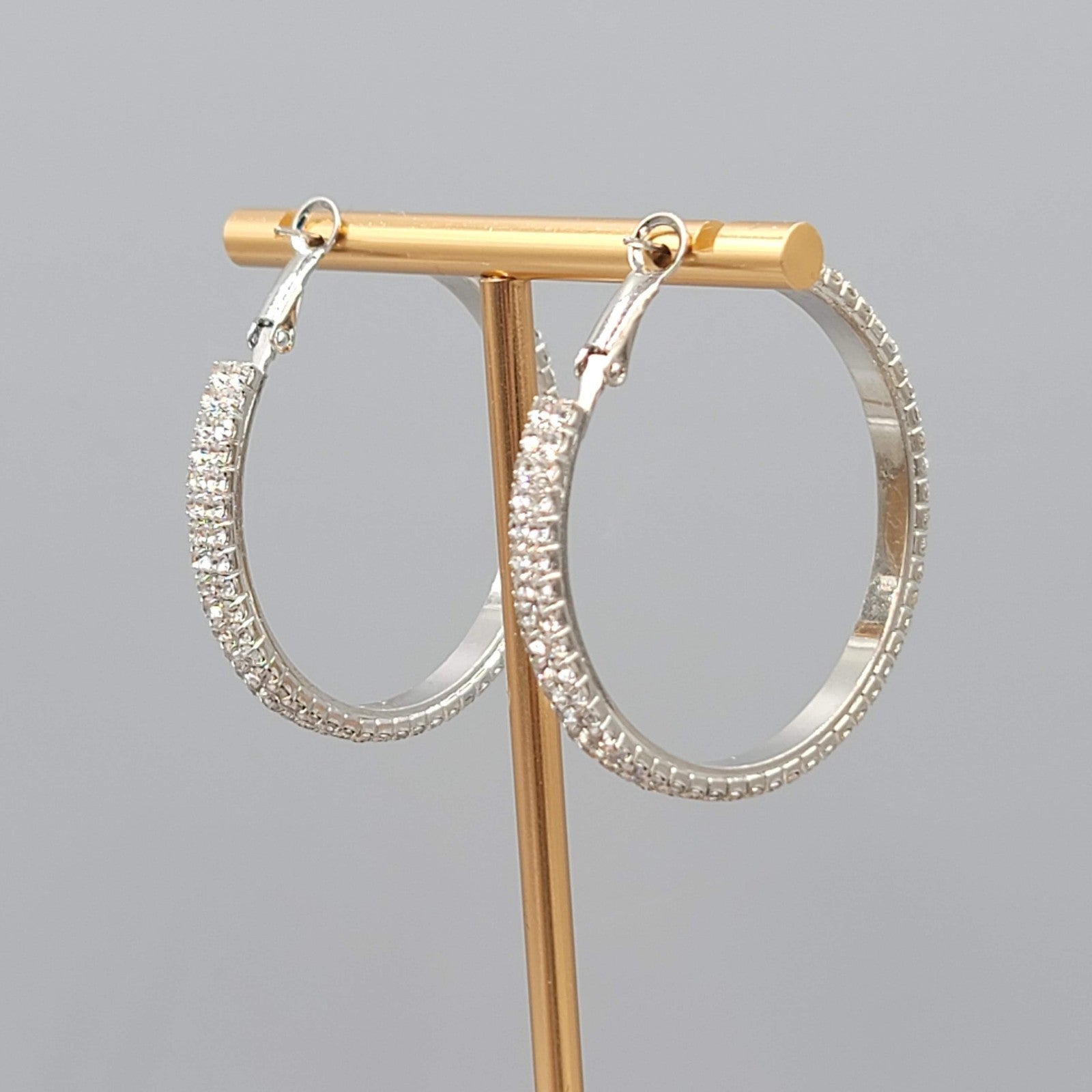Rhinestone Studded Round Hoops Pierced Earrings Silver tone 1.5 in