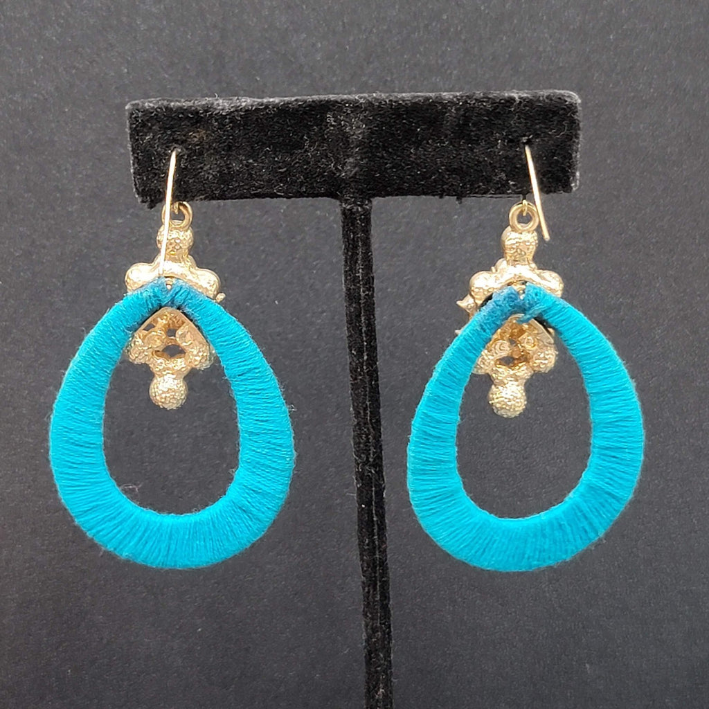 Pierced Earrings Gold tone Yellow Rhinestone Blue String Wrapped Hoops 2.25"