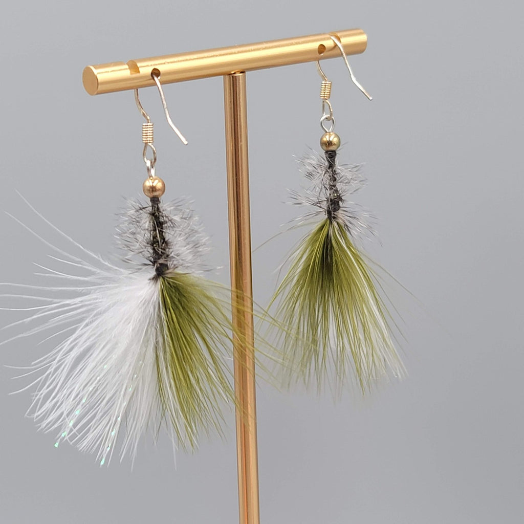 Artisan Pierced Earrings Feather Fly Tie Fishing Dangle Green White 2"
