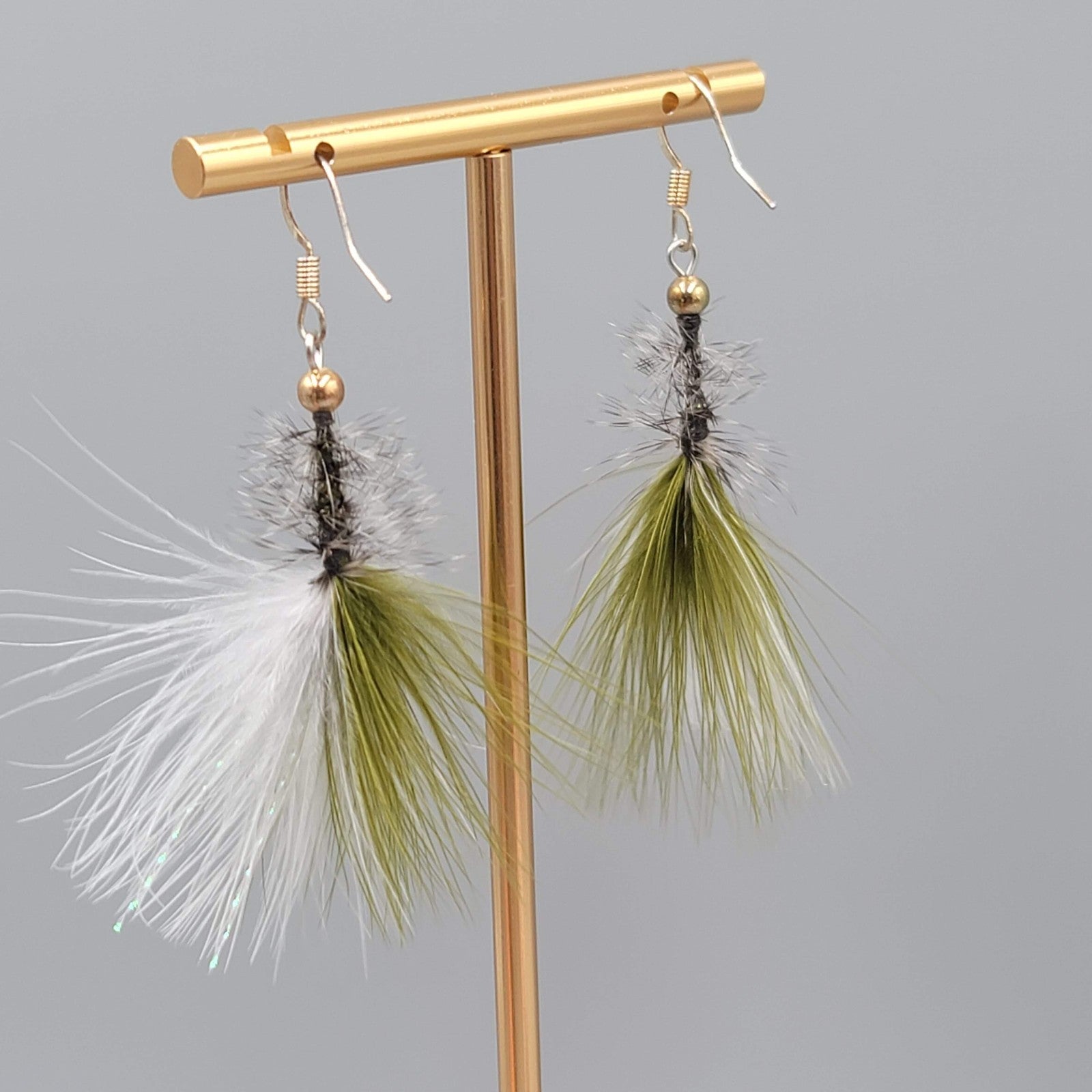 Artisan Pierced Earrings Feather Fly Tie Fishing Dangle Green White 2"