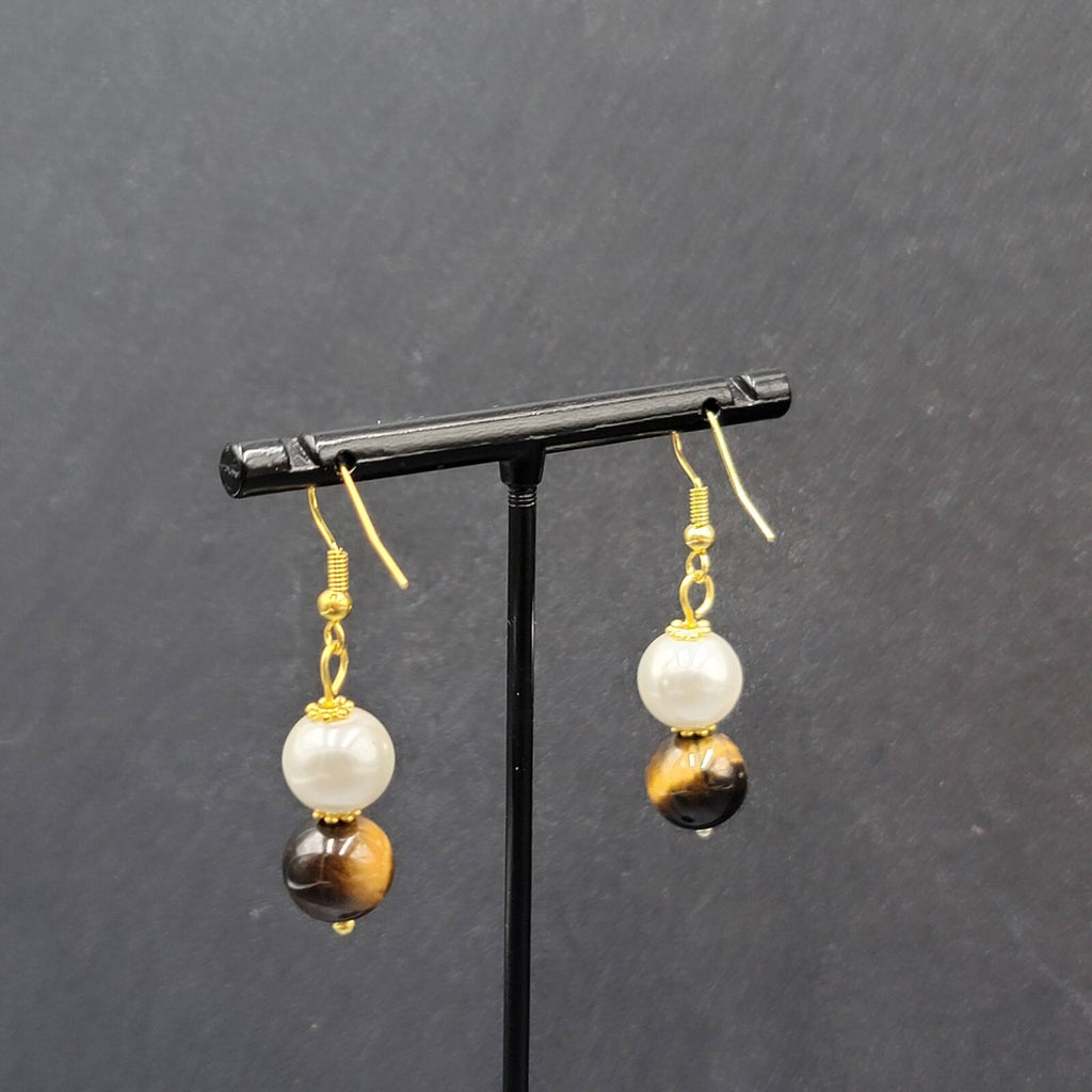 Pierced Earrings Tigers Eye Stone Faux Pearl Bead Dangle 1 1/8"