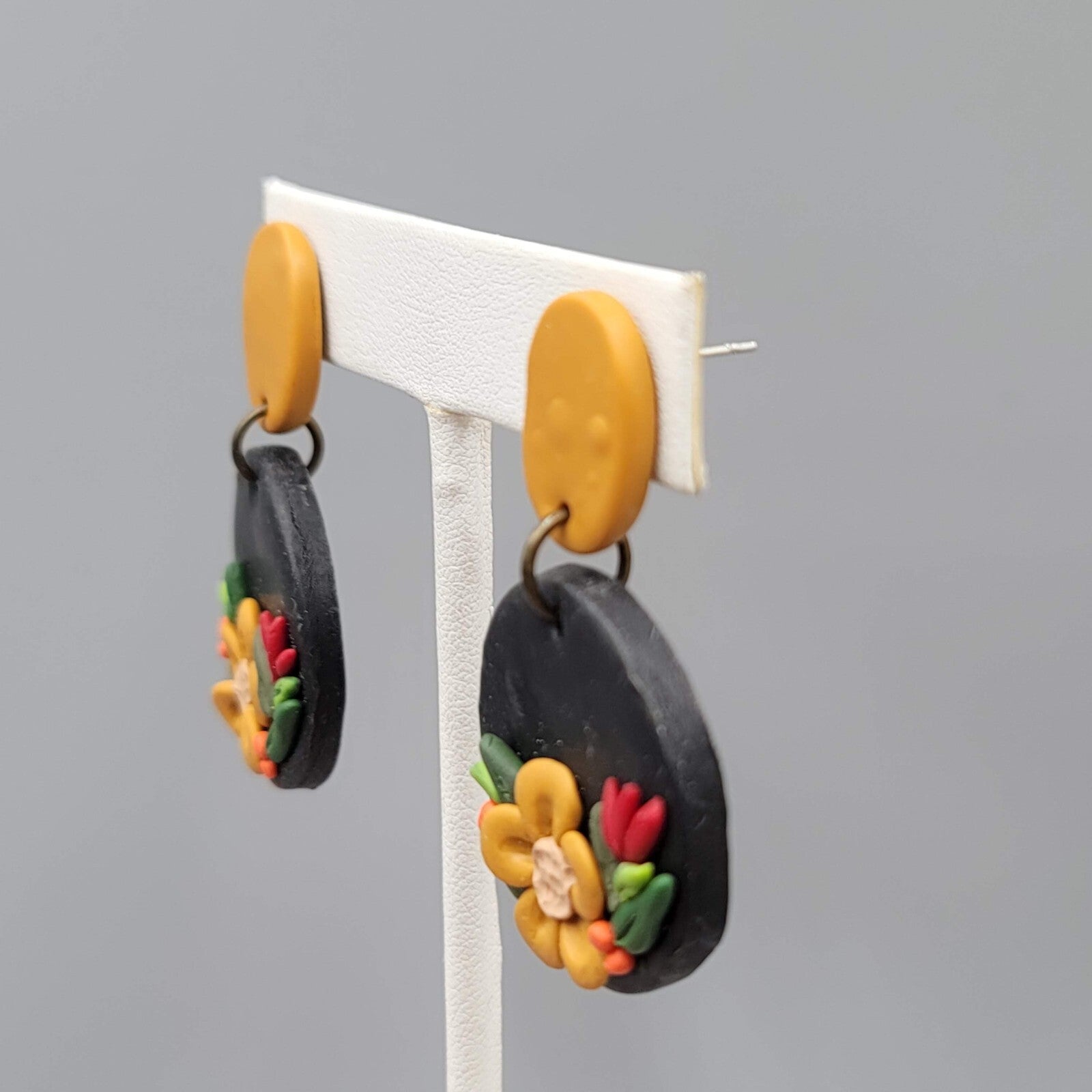 Polymer Clay Flower Pierced Earrings Tan Black Dangle Fall 1.75"