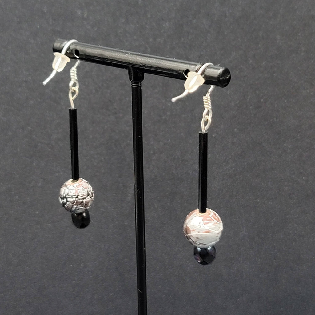 Pierced Earrings Silver tone Black Glass Bead Hand Painted 1.75"