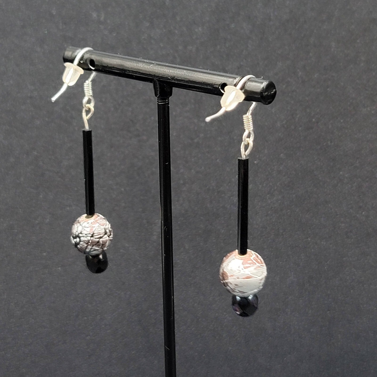 Pierced Earrings Silver tone Black Glass Bead Hand Painted 1.75"