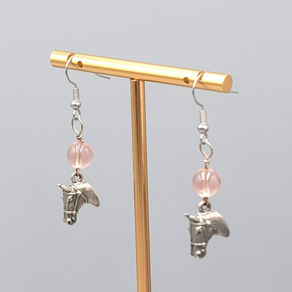Horse Head Pink Bead Pierced Earrings Silver tone Dangle 1.25 in