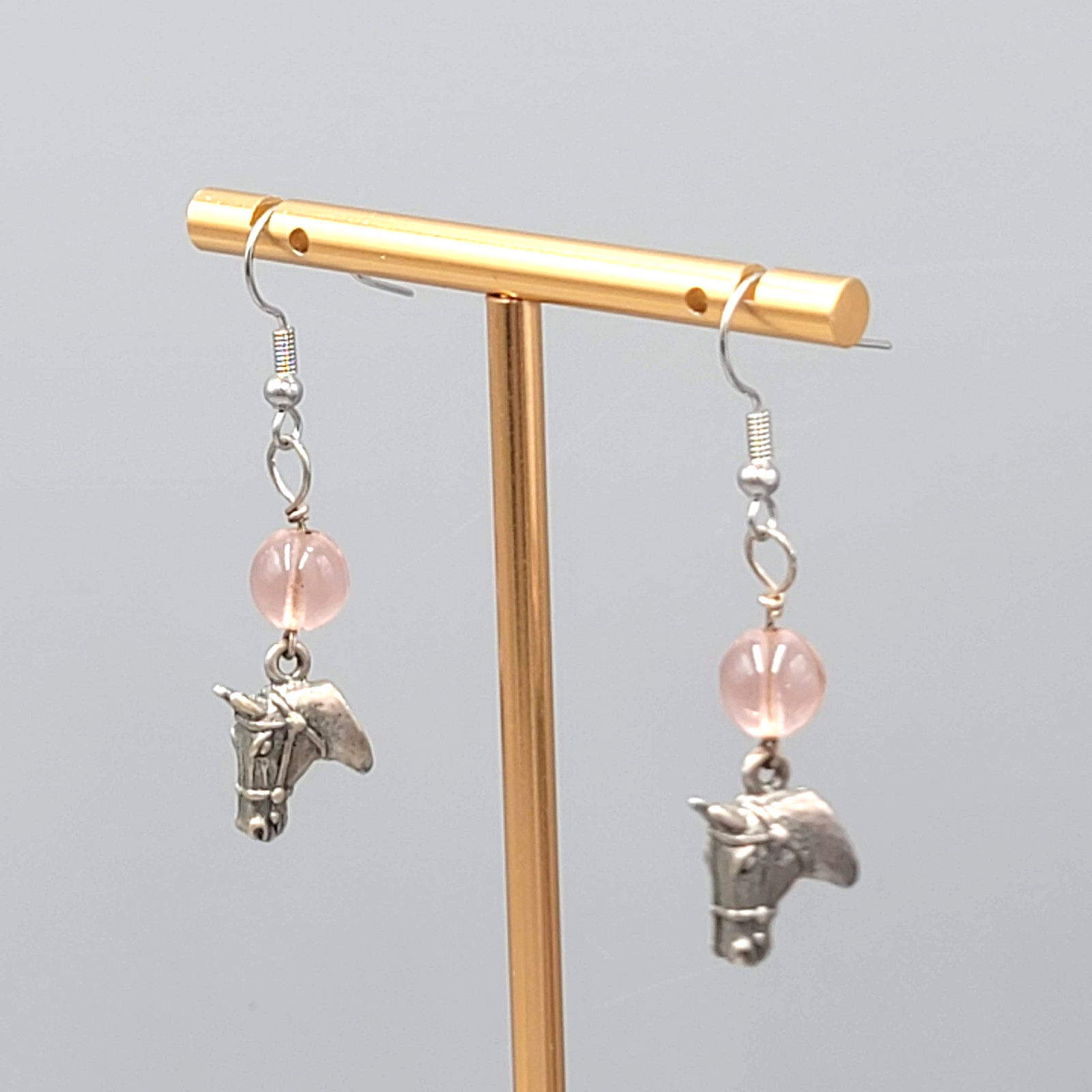 Horse Head Pink Bead Pierced Earrings Silver tone Dangle 1.25 in