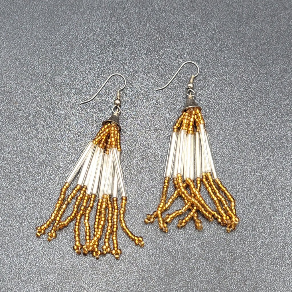 Pierced Earrings Silver tone Orange Seed Bead Multi Strand Dangle 2.5"