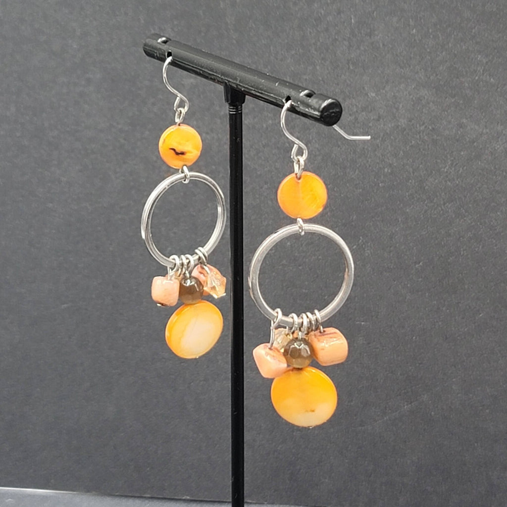 Pierced Earrings Silver tone Orange Shells Dangle Beads 2"