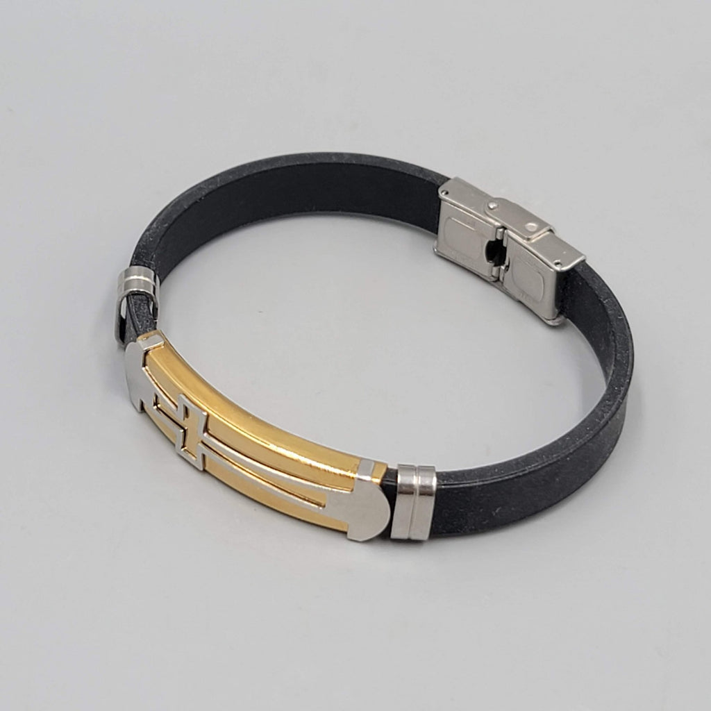 Mens Cross Bracelet Black Leather Gold and Silver tones 7.5"
