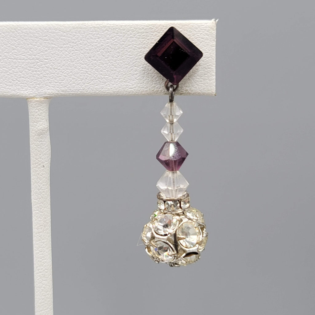 Vintage Purple Rhinestone Pierced Earrings Silver tone Bead Dangle  1.75"