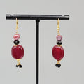 Red Glass Bead Pearl Pierced Earrings Gold tone Dangle 1.25"