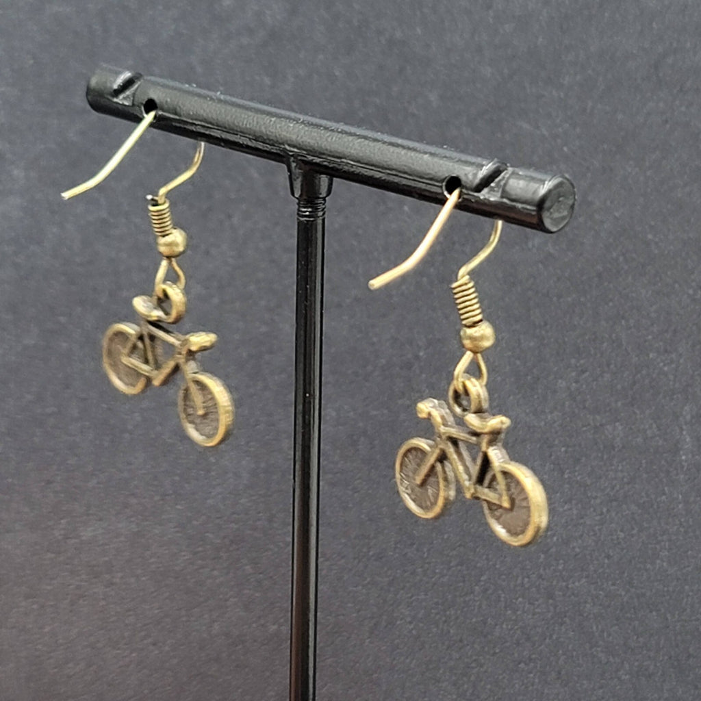 Bicycle Pierced Earrings Bronze tone Dangle 3D 5/8"
