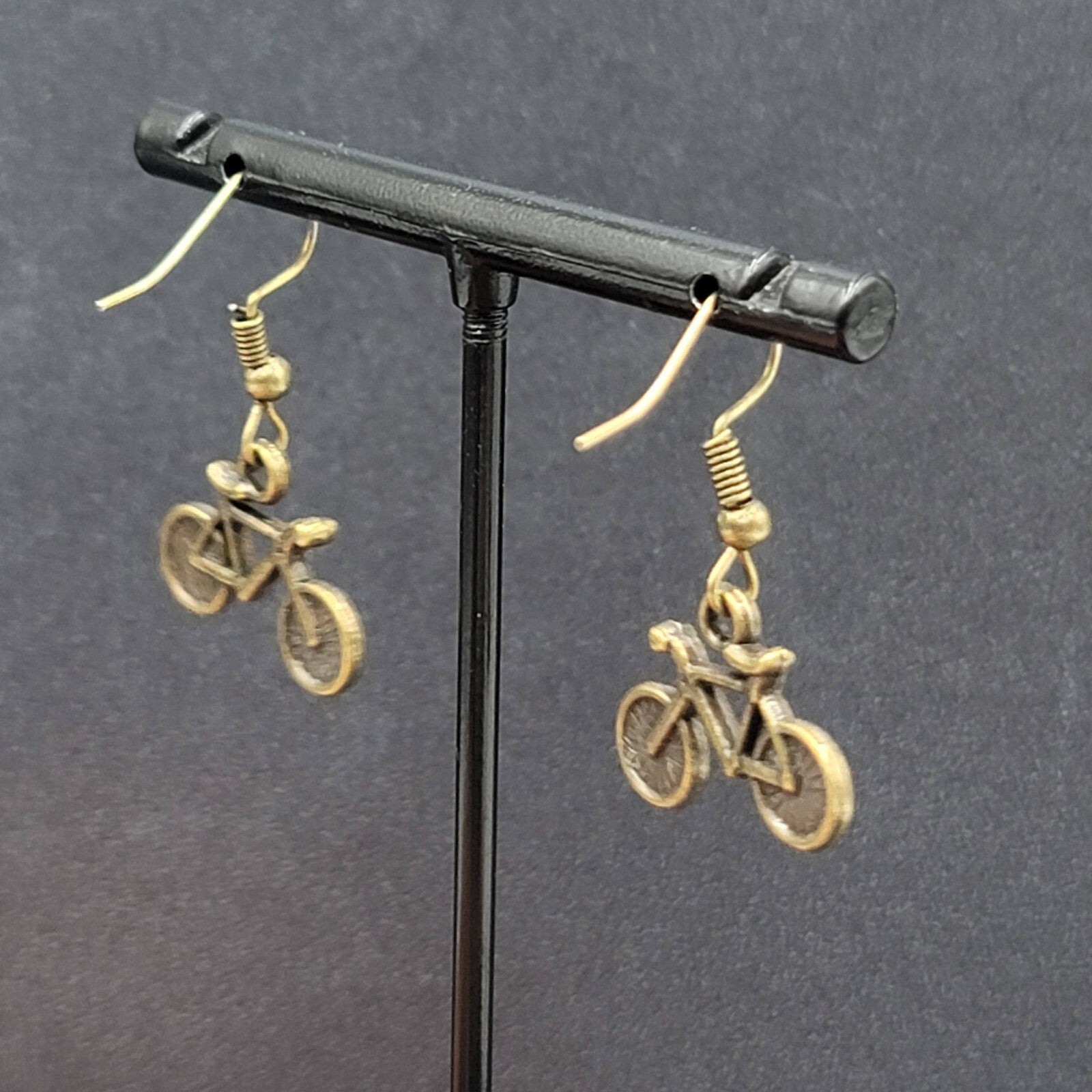 Bicycle Pierced Earrings Bronze tone Dangle 3D 5/8"
