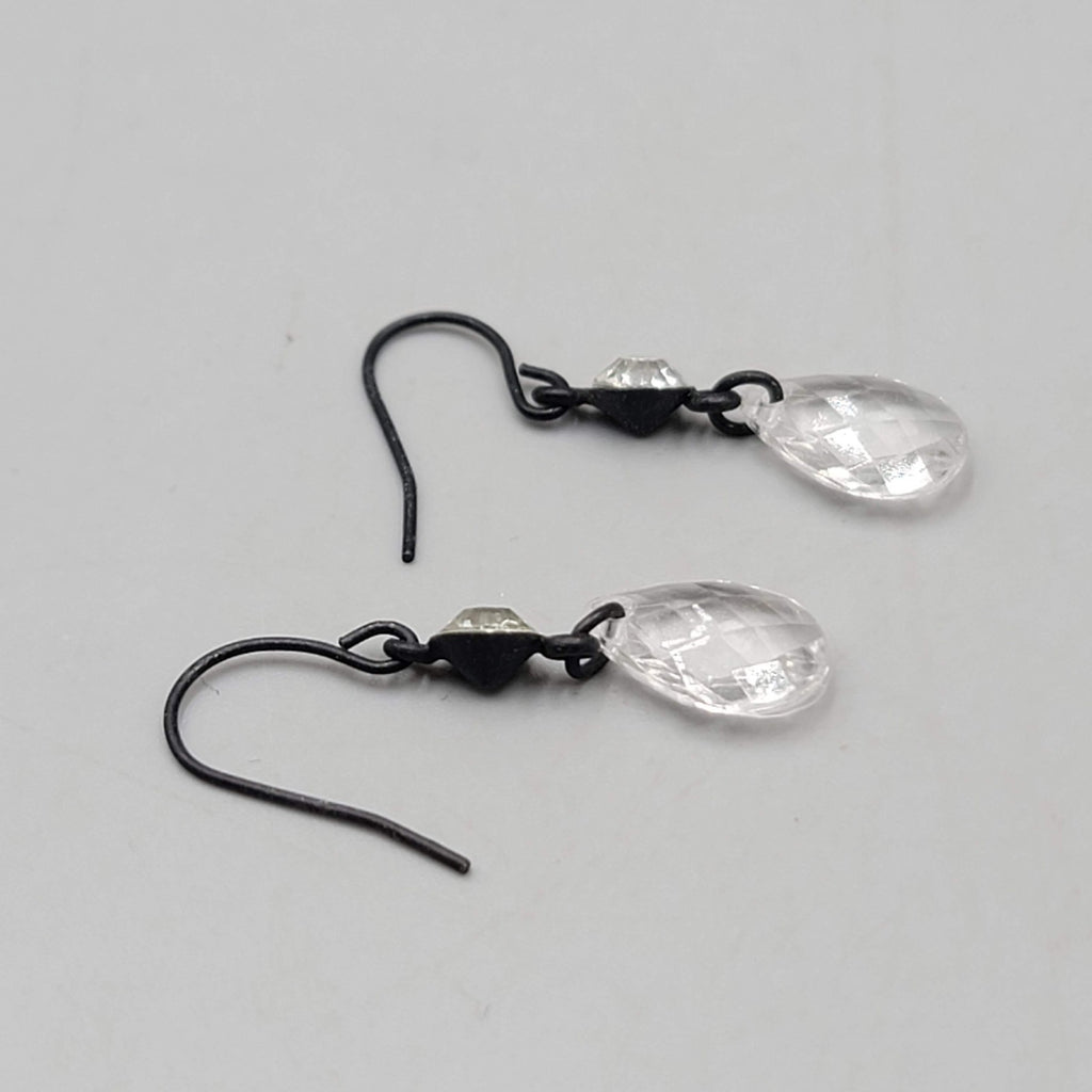 Clear Acrylic Teardrop Pierced Earrings Black Enamel over Metal Dangle 1 in