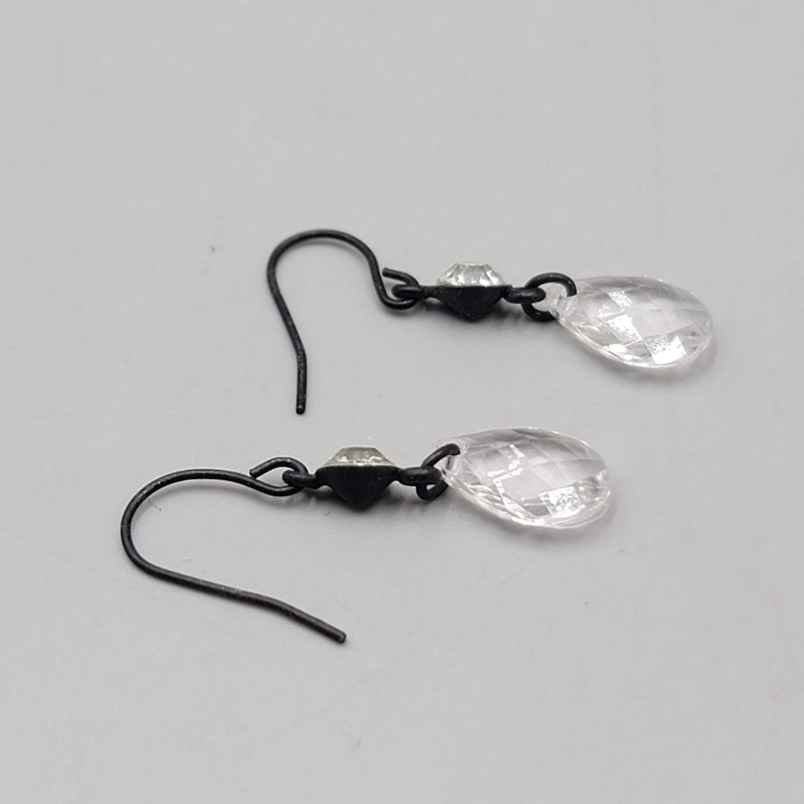 Clear Acrylic Teardrop Pierced Earrings Black Enamel over Metal Dangle 1 in