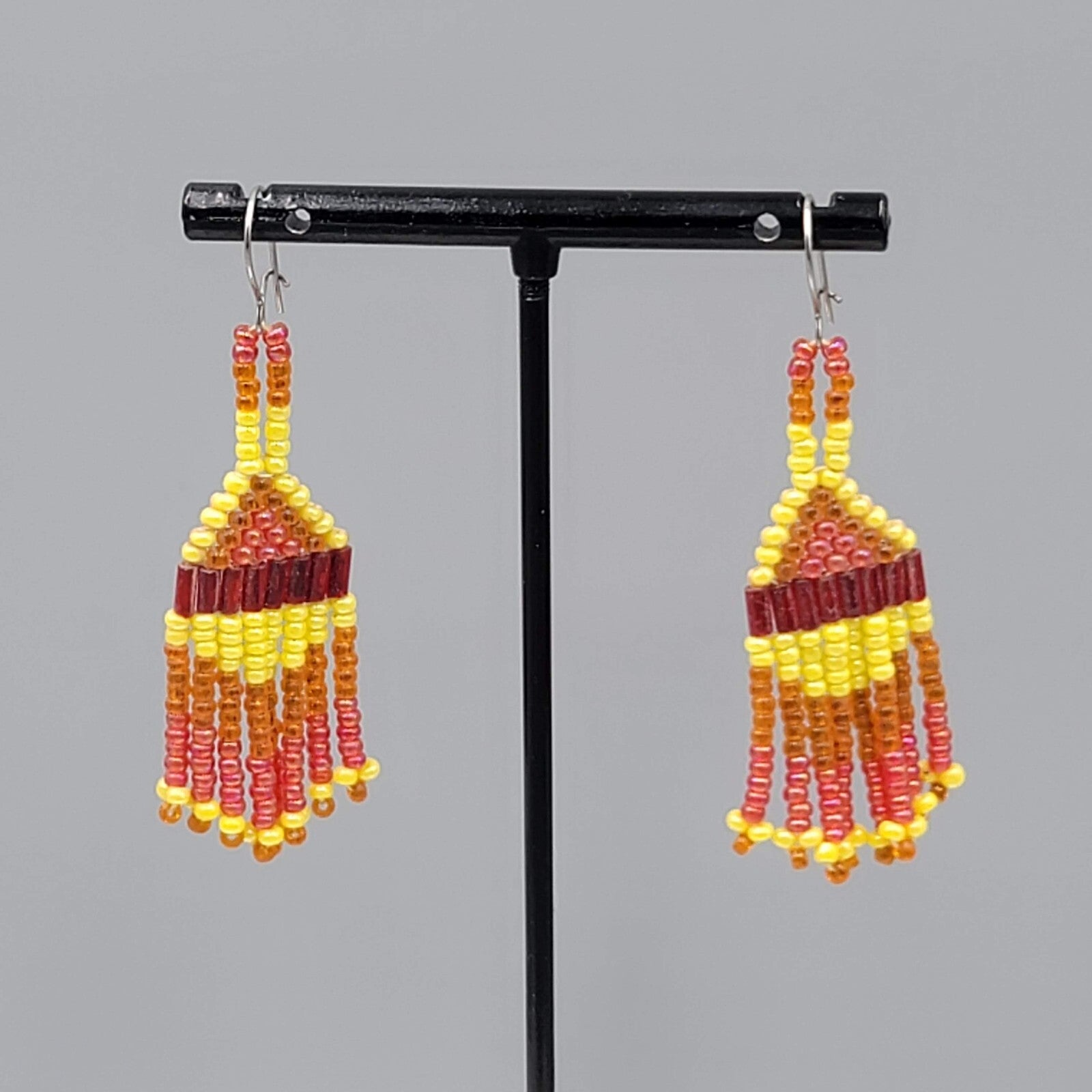 Vintage Seed Bead Pierced Earrings Orange Yellow Red Dangle 2"