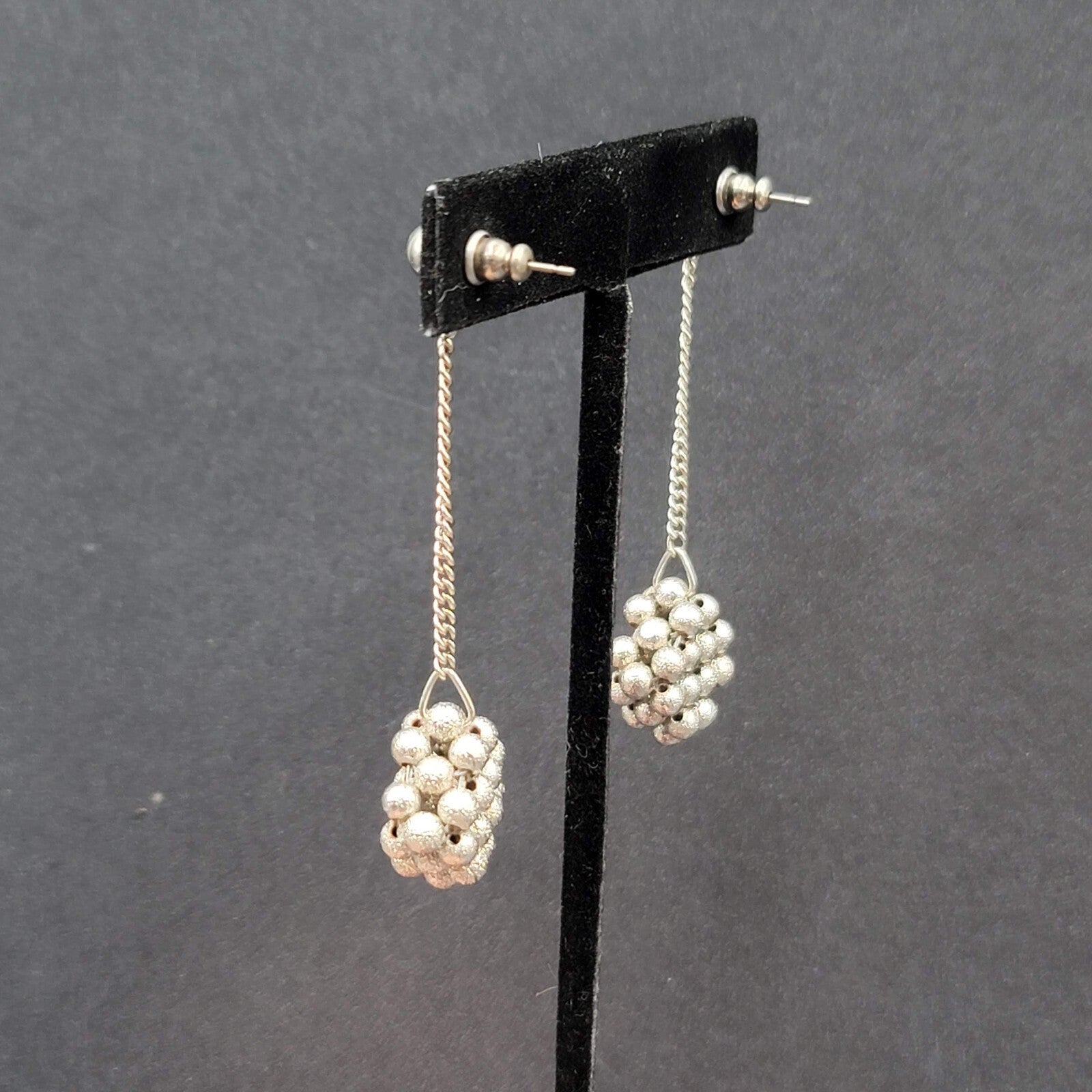 Vintage Pierced Earrings Silver tone Bead Cluster Dangle Unique 2.5"