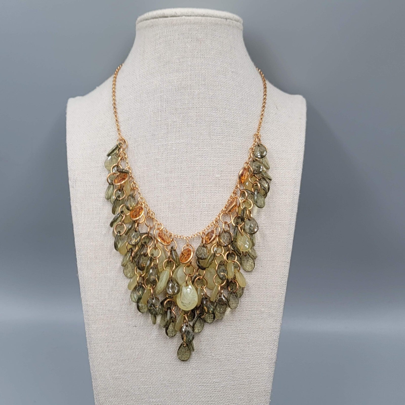 Water Fall Bead Necklace Green Orange Acrylic Beads Gold tone 16"-19"