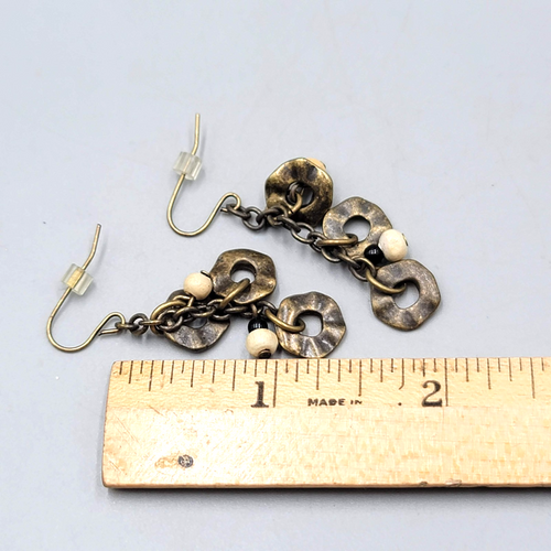 Circles Wood Bead Pierced Earrings Bronze tone Dangle 1.5 in