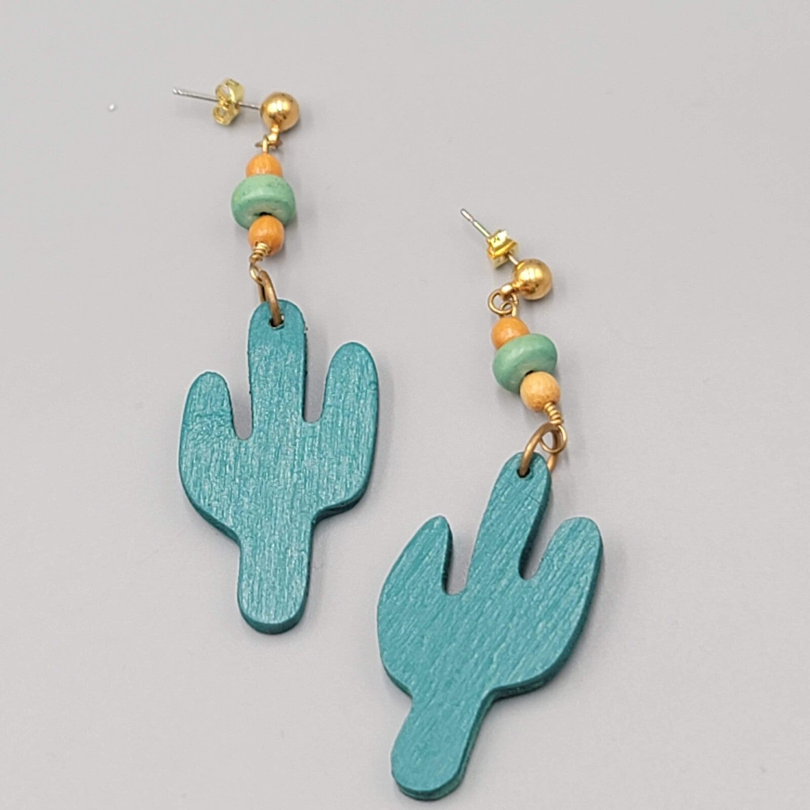Vintage Wood Cactus Pierced Earrings Bead Dangle 2.75"
