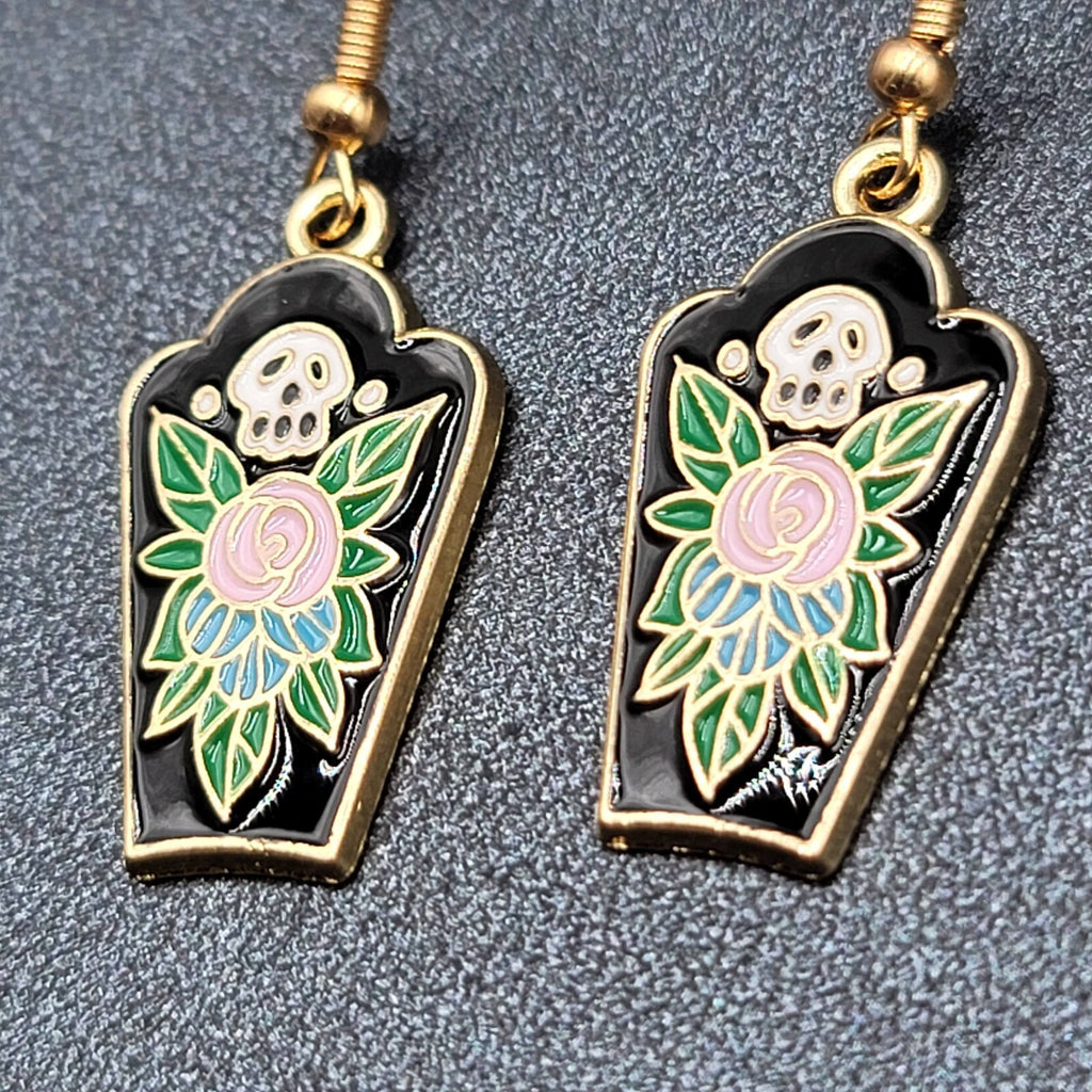 Halloween Coffin Pierced Earrings Skull Enamel Flowers Gold tone Dangle 1"