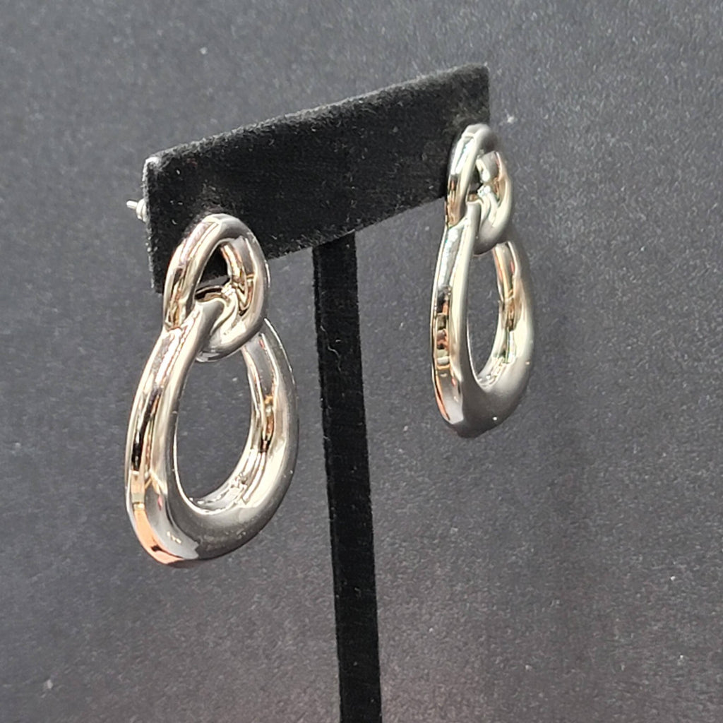 Pierced Earrings High Polish Silver tone Double Loop Drop 1 3/8"