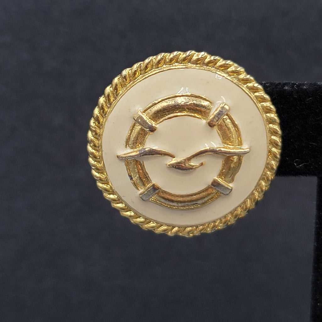 Vintage Clip on Earrings Gold Plated White Enamel Seagull Nautical Round 1 1/8"