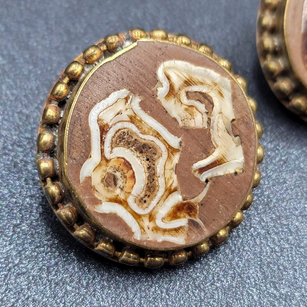 Vintage Clip on Earrings Brass Wood Stone Inlay Unique Discs  1"