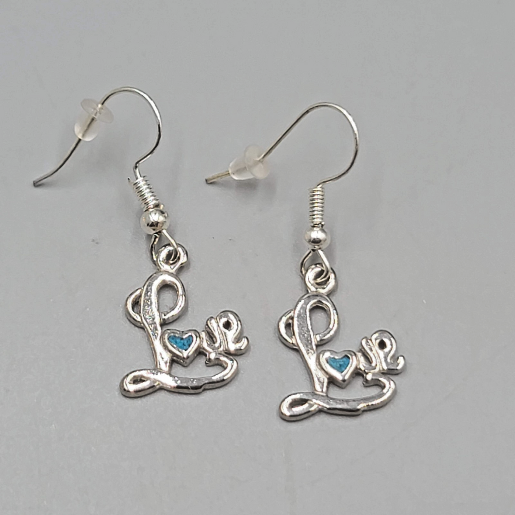 Vintage LOVE Pierced Earrings Crushed Turquoise Inlay Silver tone Dangle 5/8"