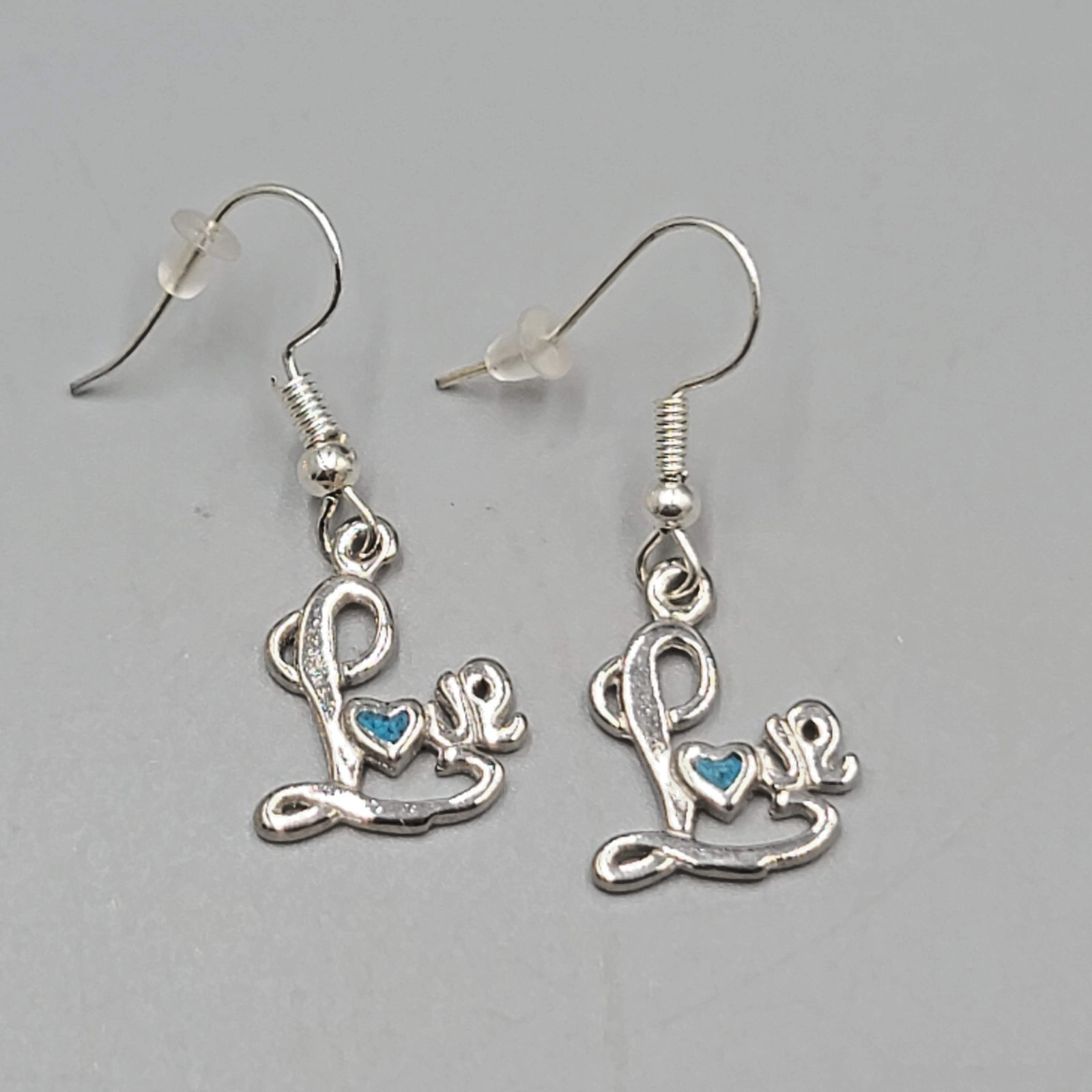 Vintage LOVE Pierced Earrings Crushed Turquoise Inlay Silver tone Dangle 5/8"