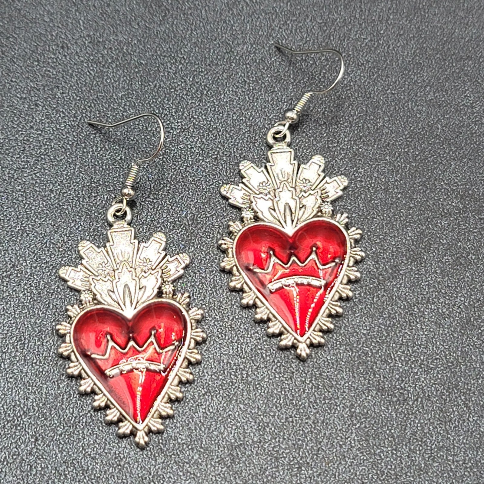 New Crown Heart Pierced Earrings Silver tone Red Goth Rock Dangle 1.75"
