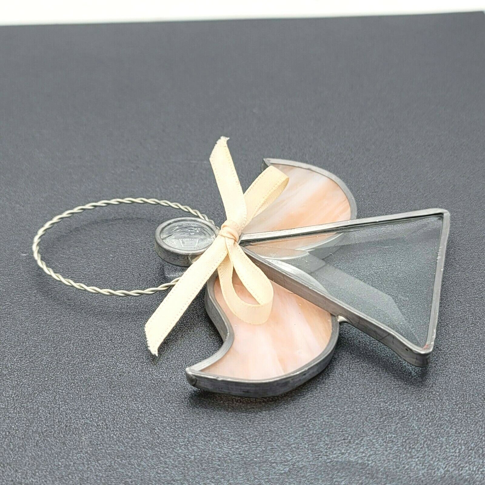 Stained Glass Angel Figurine Ornament 5" x 4 5/8" Sun catcher Peach Pink Wings