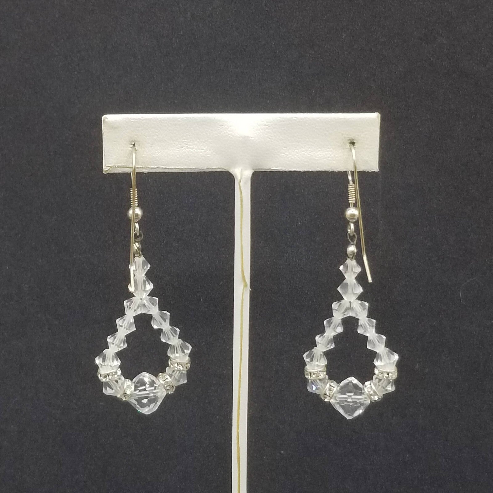 Pierced Earrings Silver tone Faceted Crystal Bead Loop Statement Dangle 1 5/8"