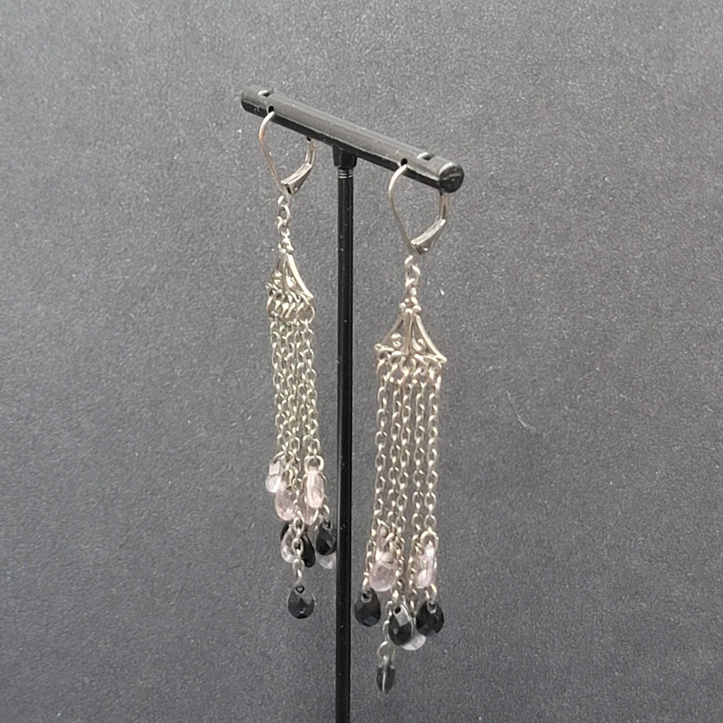 Pierced Earrings Gun Metal Gray Multi Chain Purple Black Beads 2 7/8"