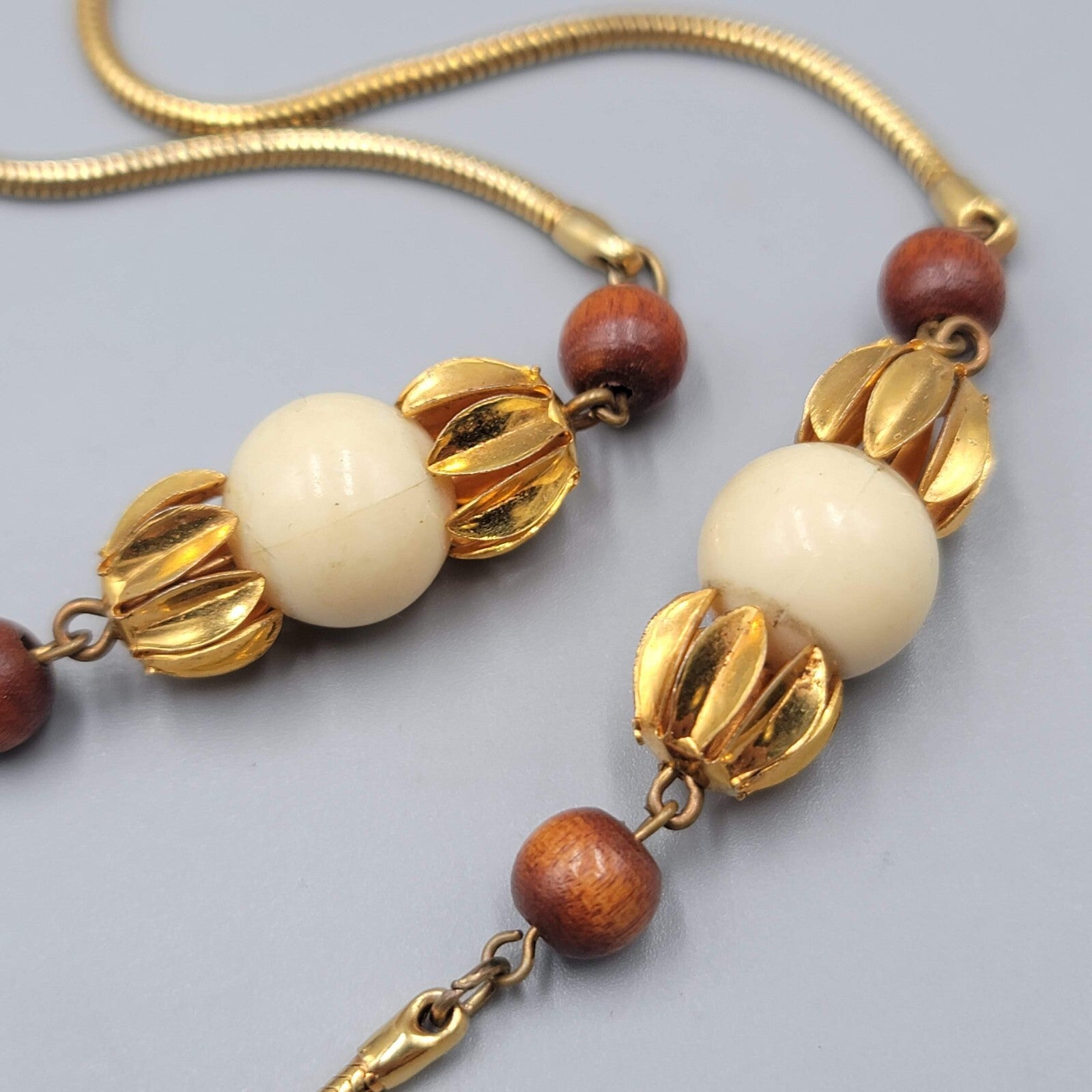Vintage Long Station Wood Bead Necklace Snake Chain 34" Estate Costume Jewelry