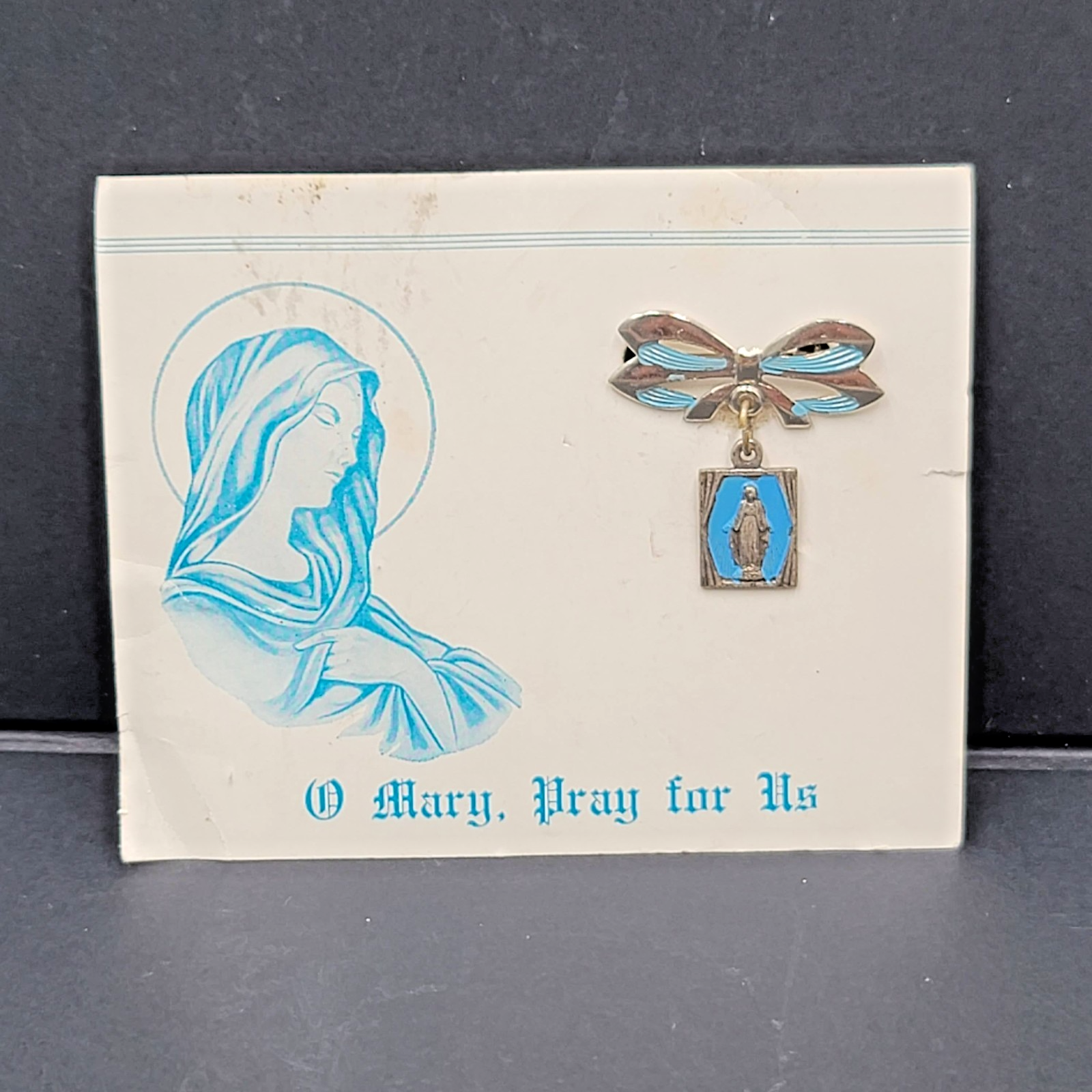 Vintage Mary Pray For Us Medal Silver tone Pin 1.25"