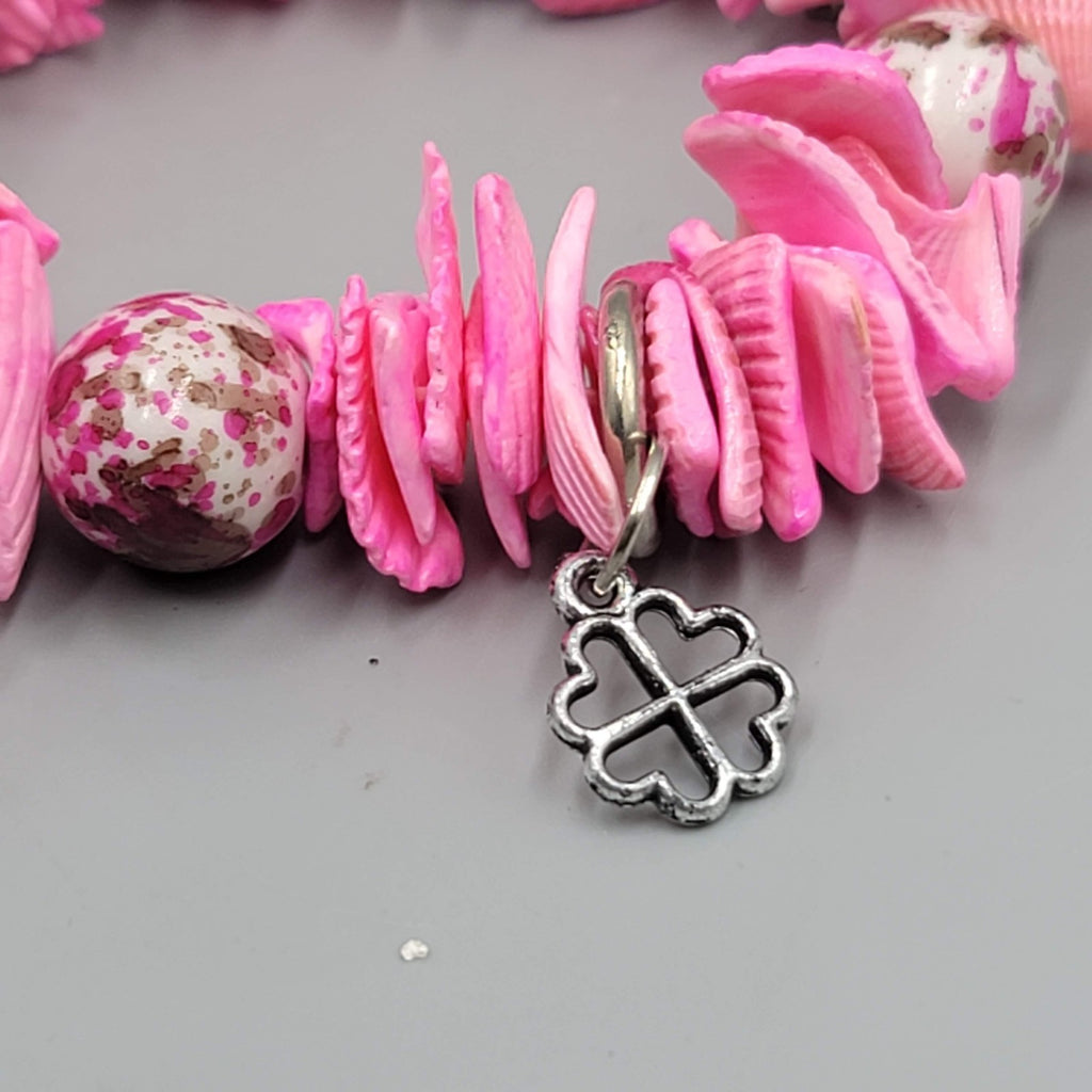 Hot Pink Shell Bracelet Silver tone Charms Elastic Statement 7.5"