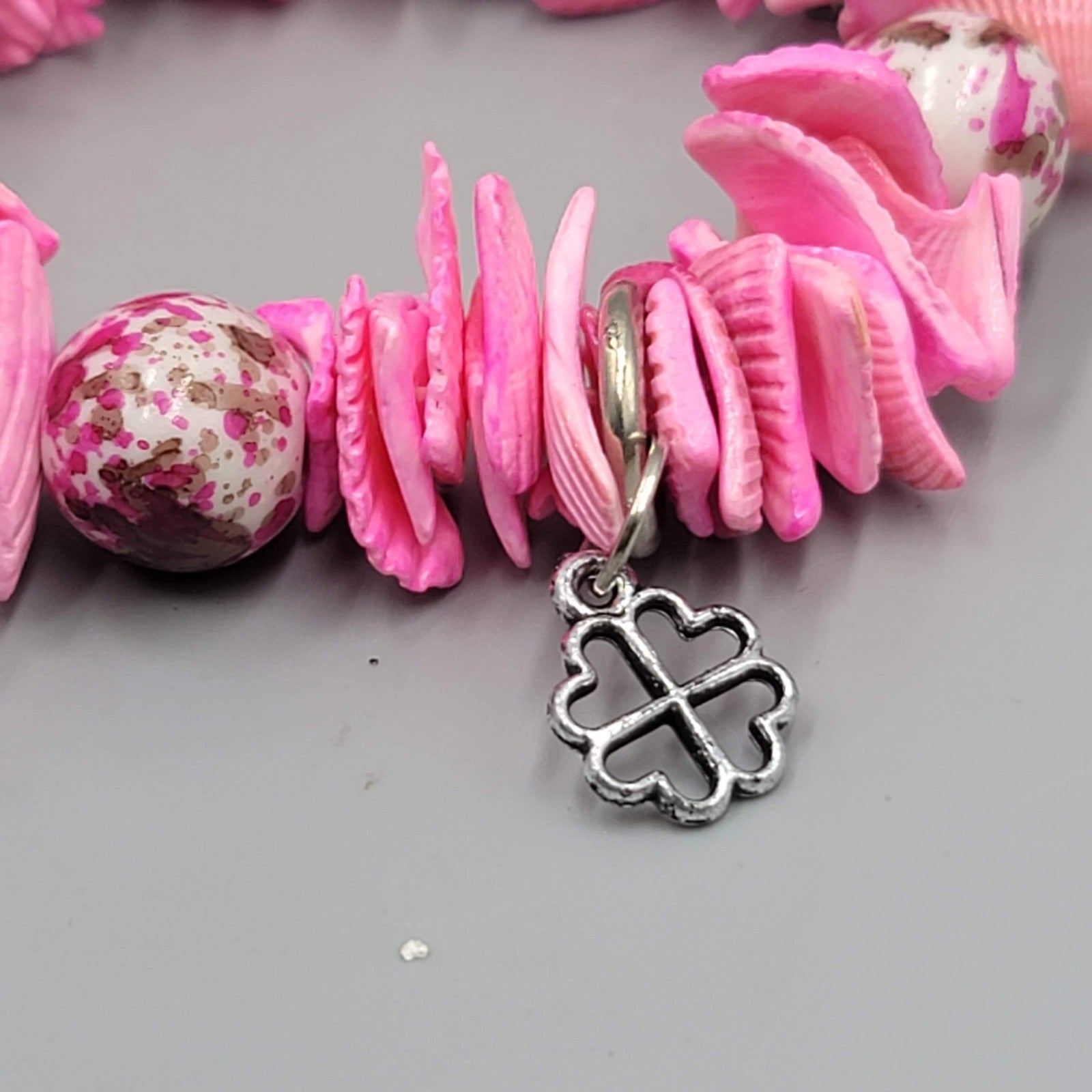 Hot Pink Shell Bracelet Silver tone Charms Elastic Statement 7.5"