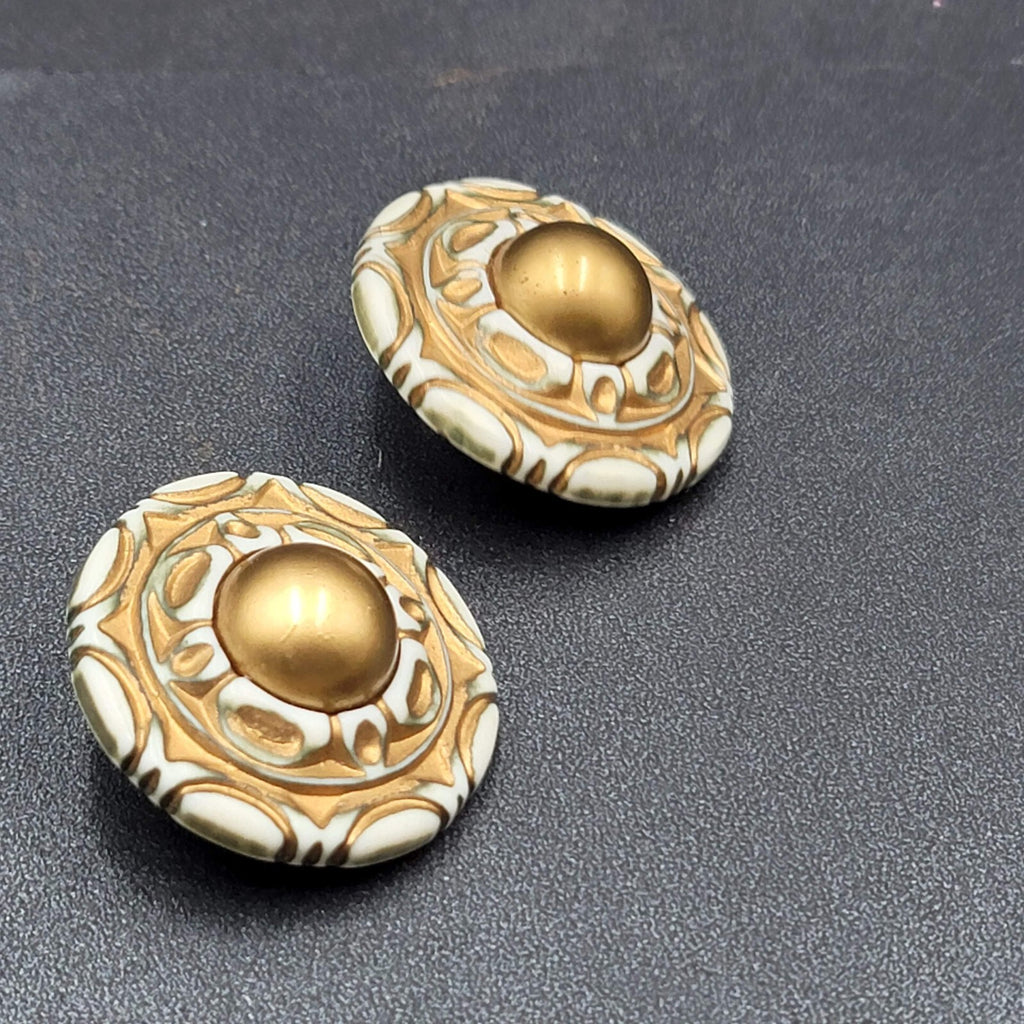 Vintage Pierced Earrings Large Statement Engraved Green Gold White Acrylic  1.5"