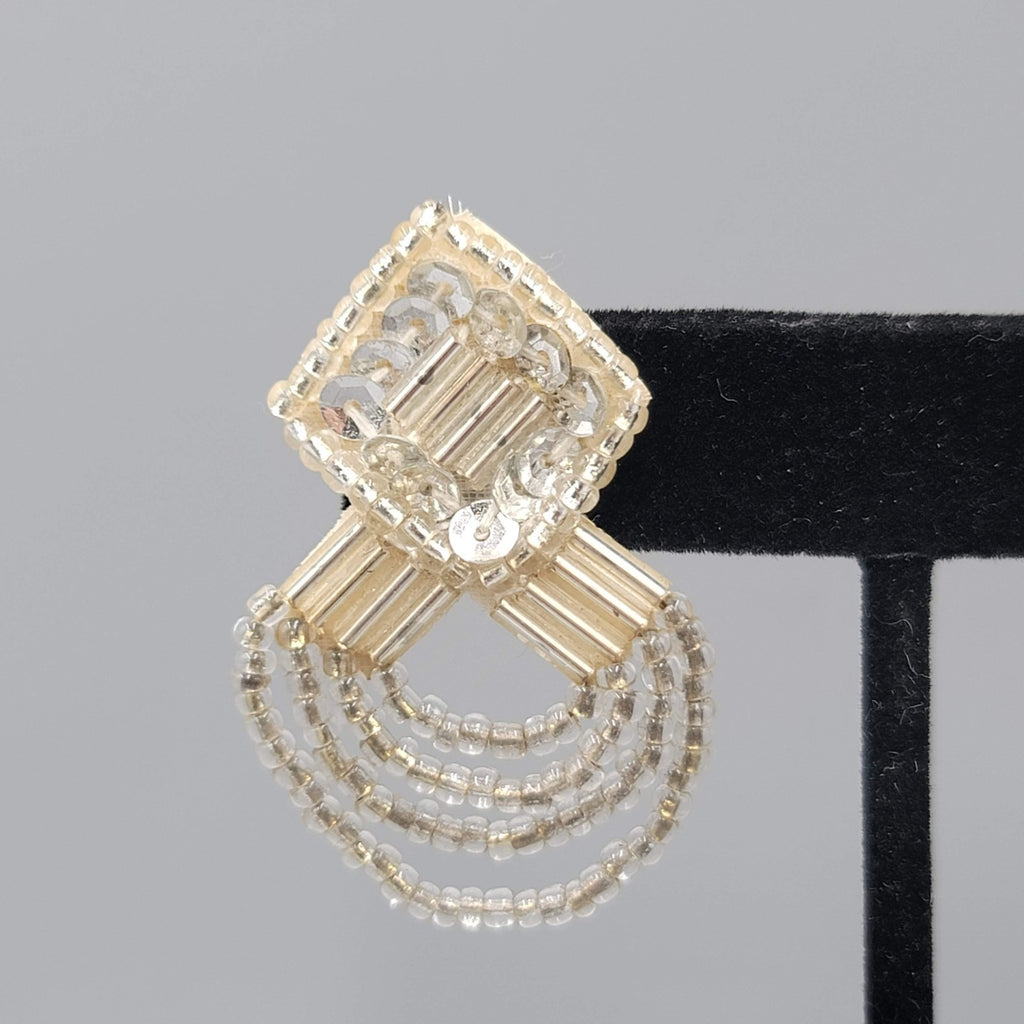 Vintage White Leather Pierced Earrings Silver tone Seed Beads Statement 1.5 in