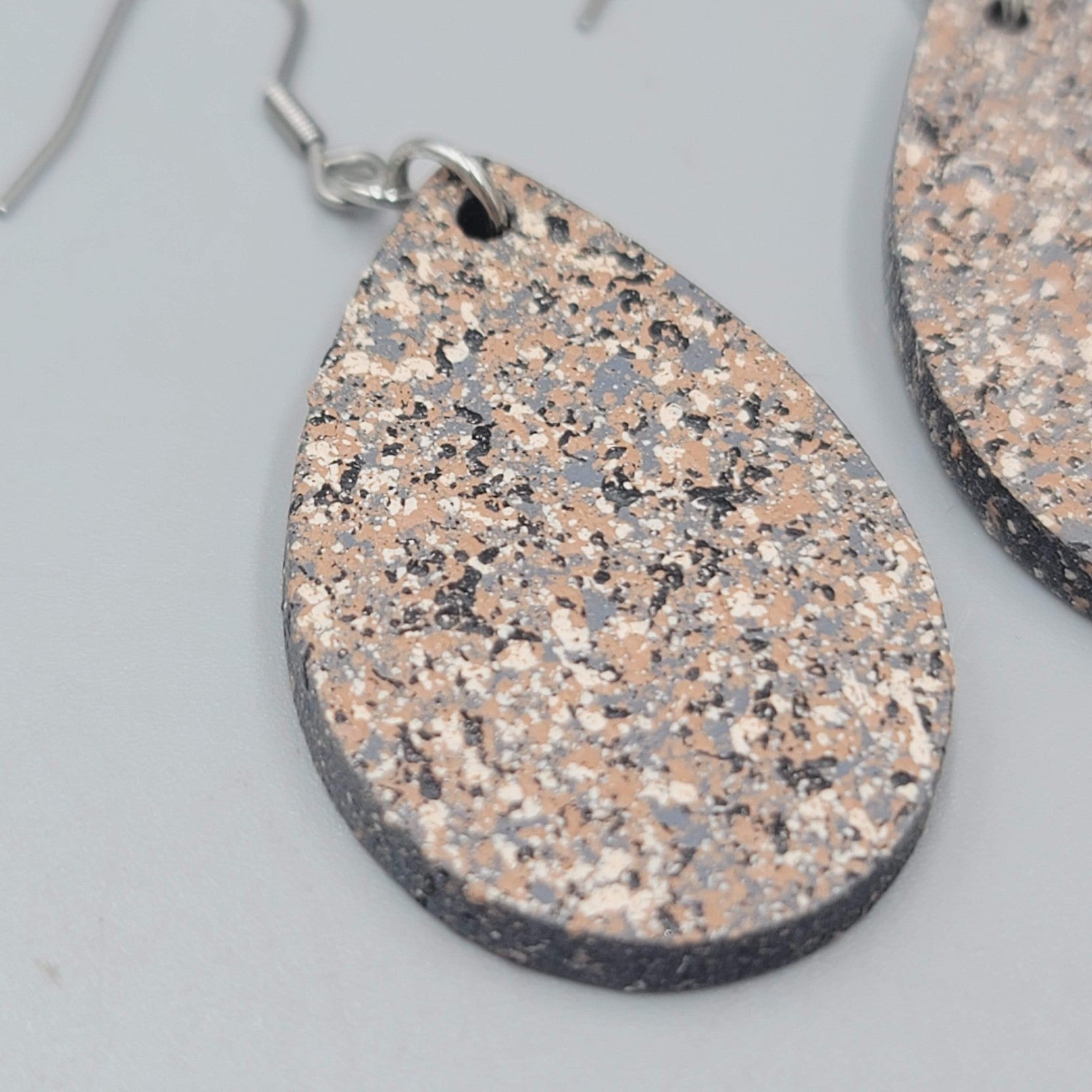 Speckle Teardrop Pierced Earrings Gray Brown Black Dangle 1.5"