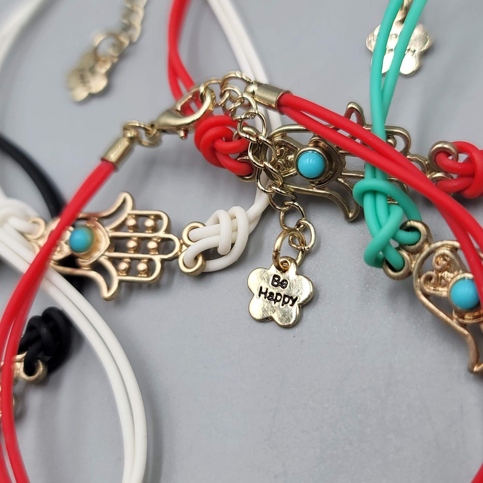 Hamsa Bracelet Lot of 6 Gold tone Multi color Cords Adj Closure Small