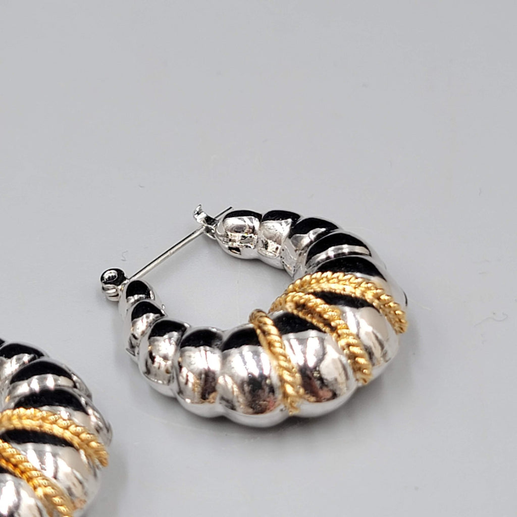 Puffy Hoop Pierced Earrings Gold tone Twisted Rope Detail Silver tone 1"