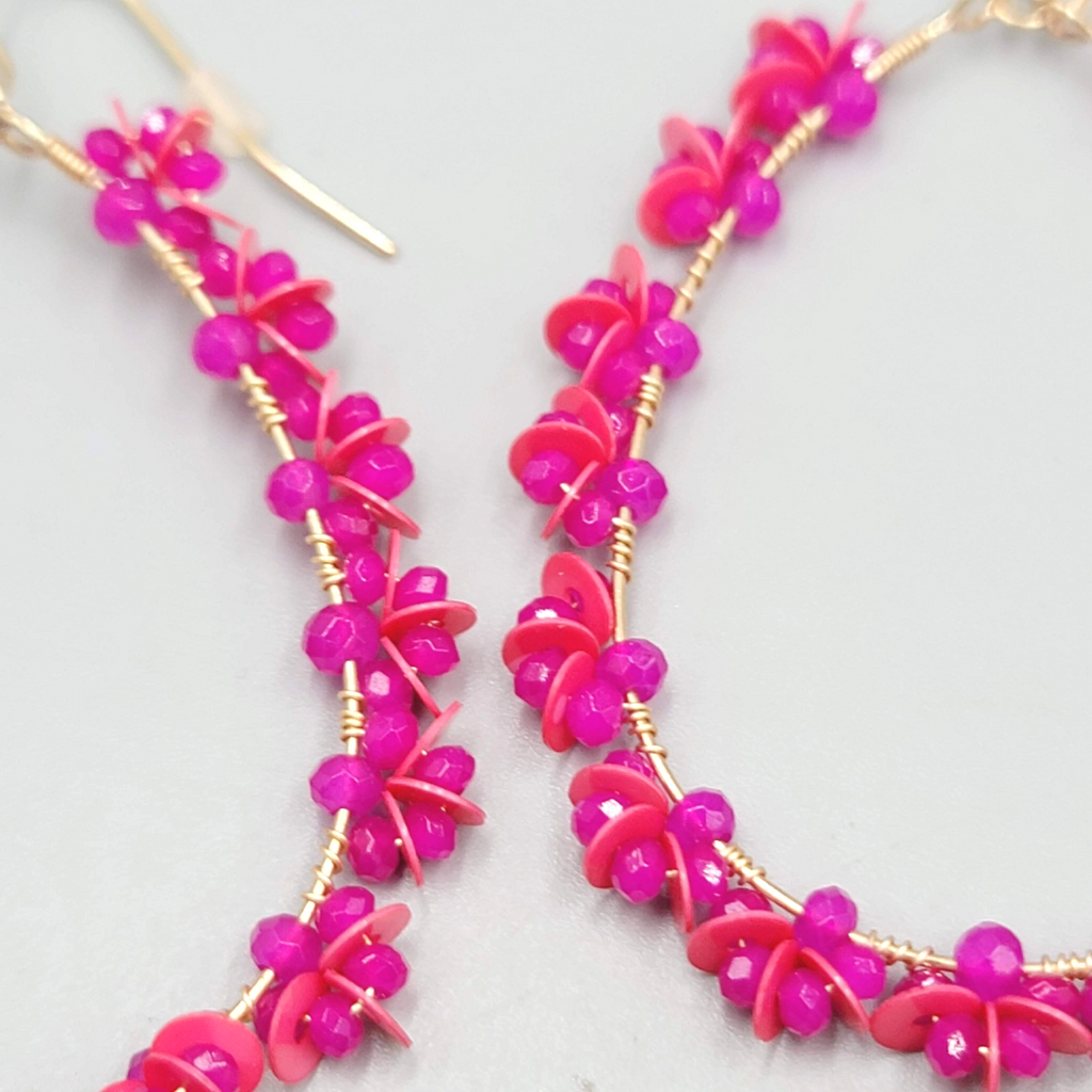 Pink Beaded Flower Teardrop Hoops Pierced Earrings Gold tone Dangle 2"