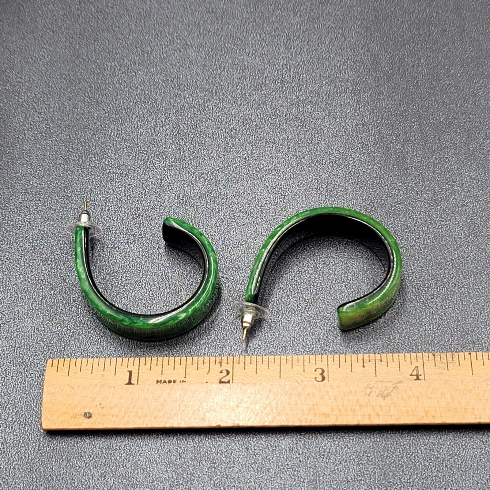Pierced Earrings Green Black Resin Hoops Artsy 1 5/8"