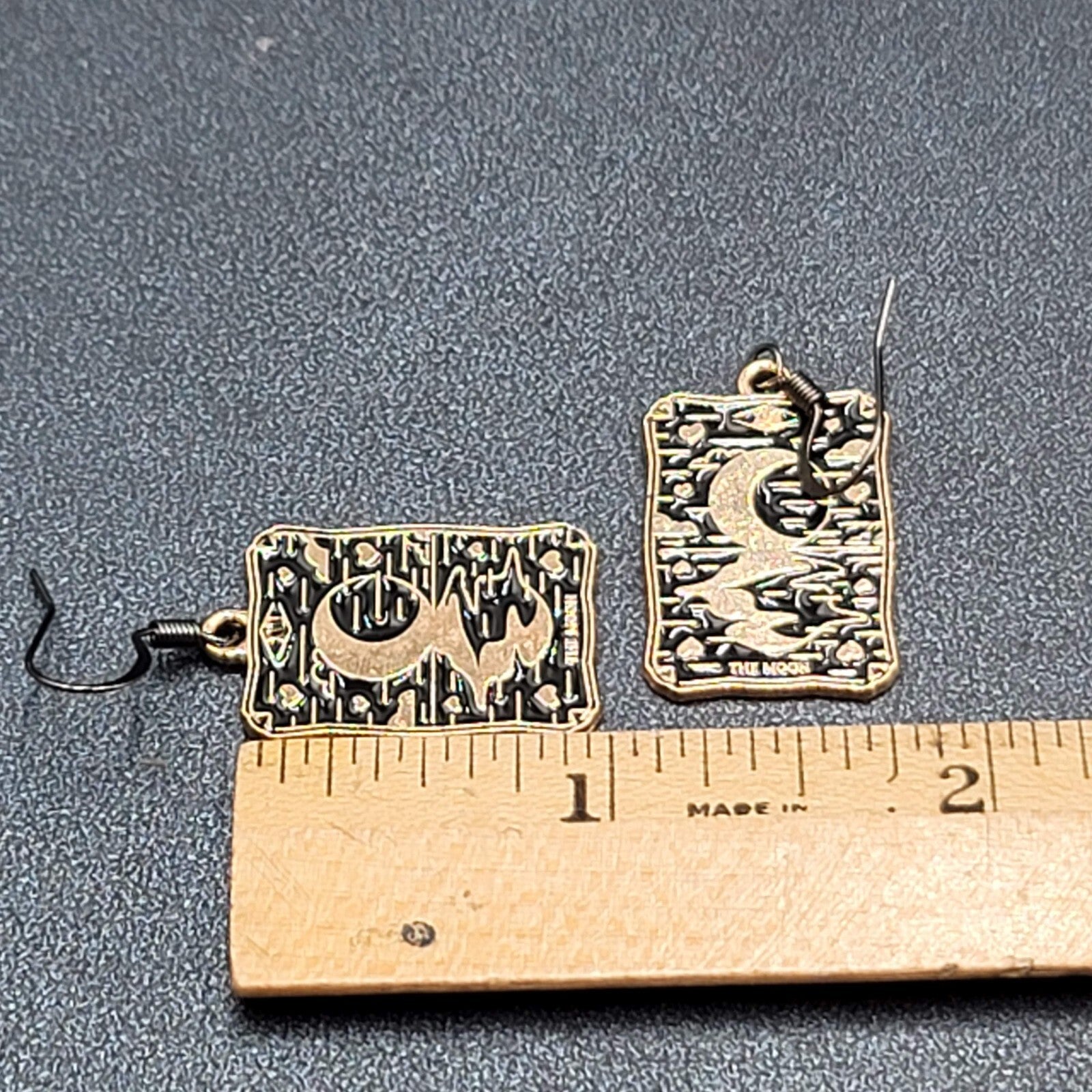 Tarot Card Pierced Earrings The MOON Gold tone Black 1"