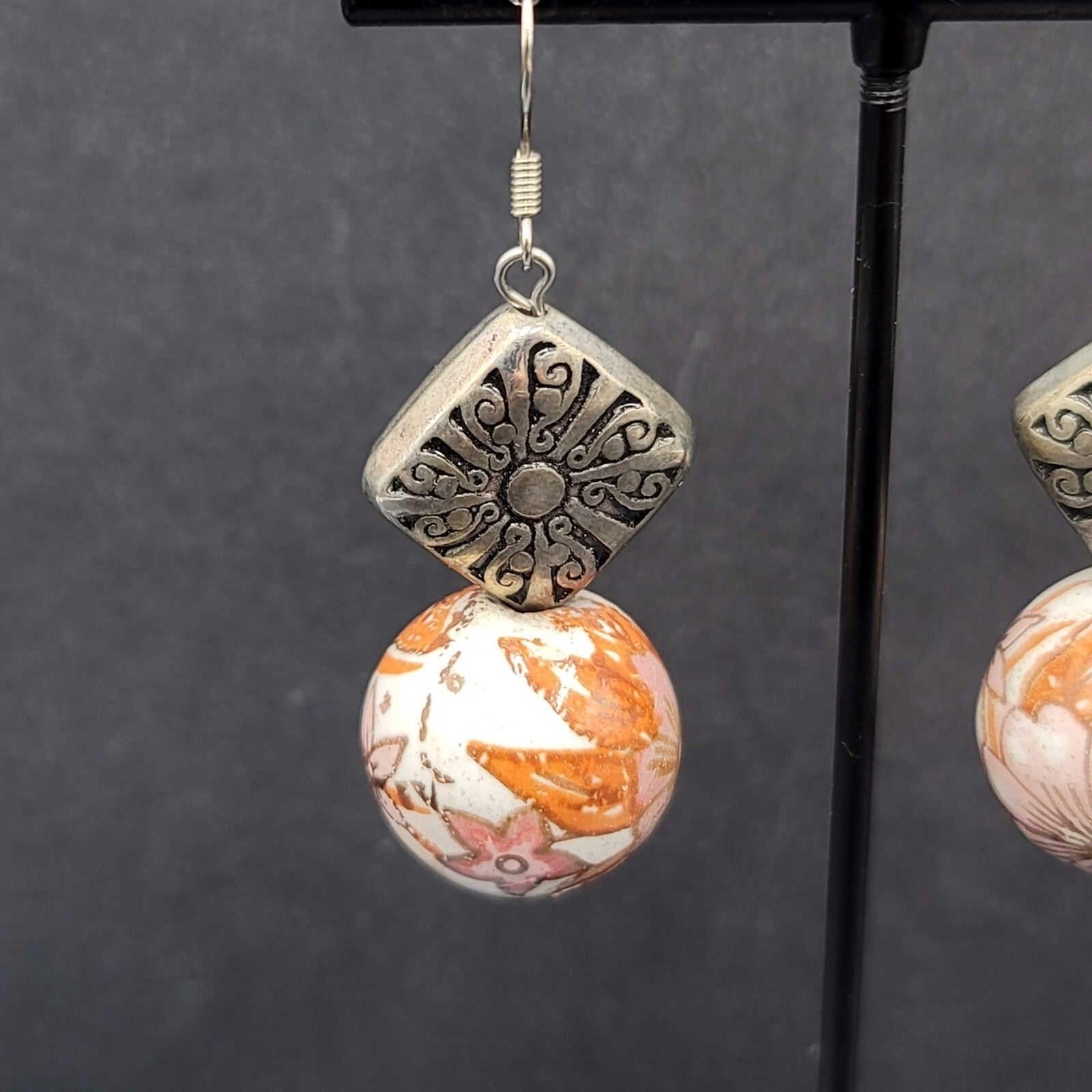 Pierced Earrings Silver tone Hand Painted Floral Pottery Bead  1.5"