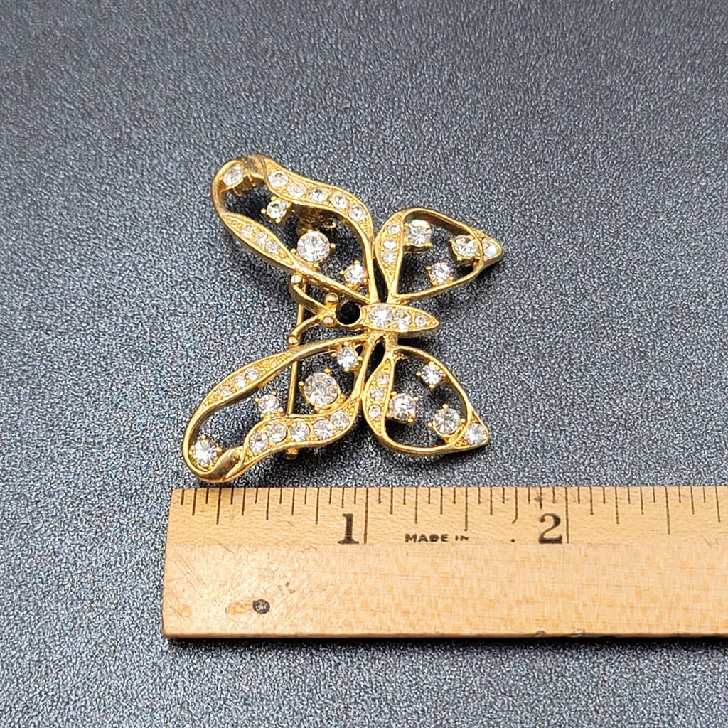 Vintage Butterfly Brooch Gold Plated Black Rhinestone 1.5"
