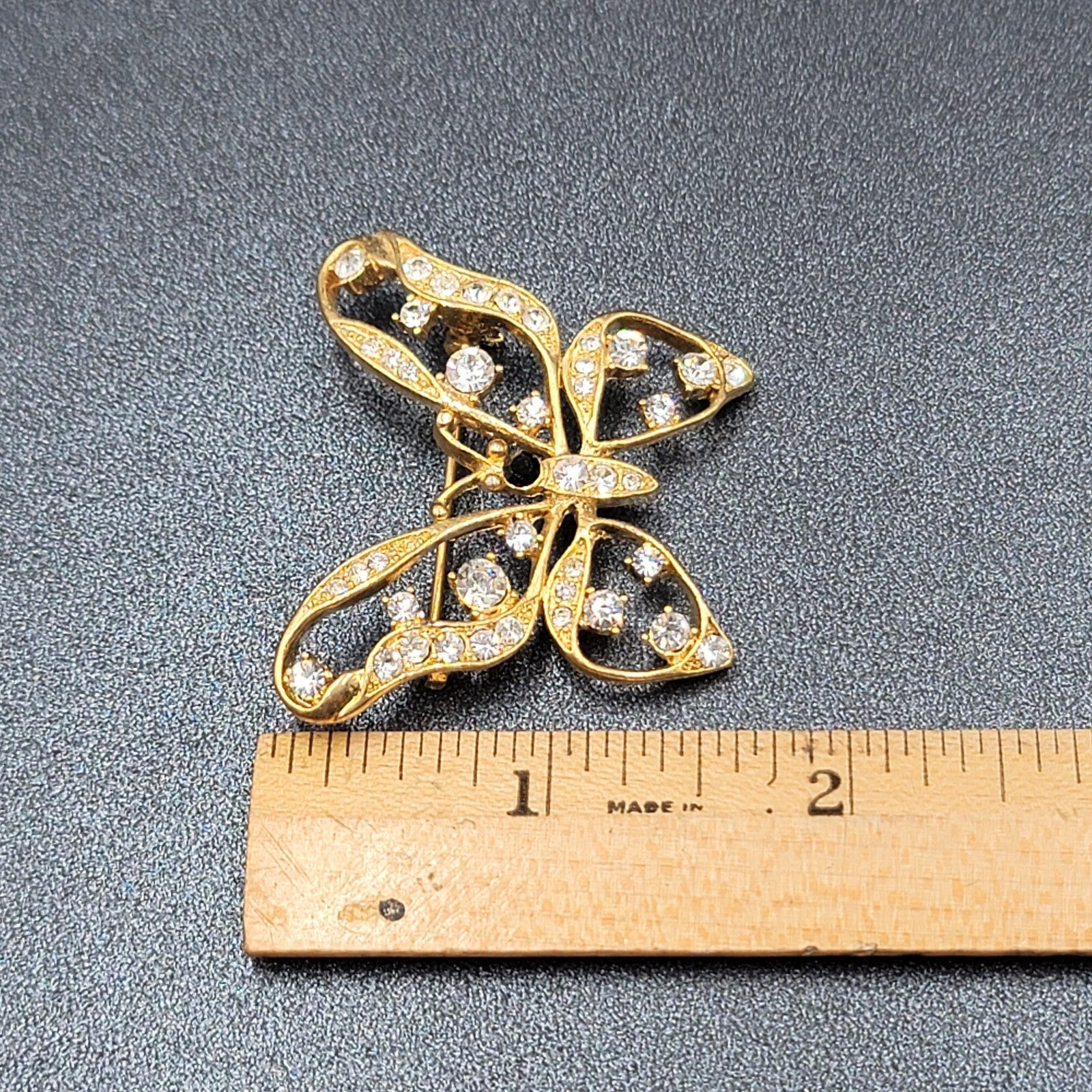 Vintage Butterfly Brooch Gold Plated Black Rhinestone 1.5"