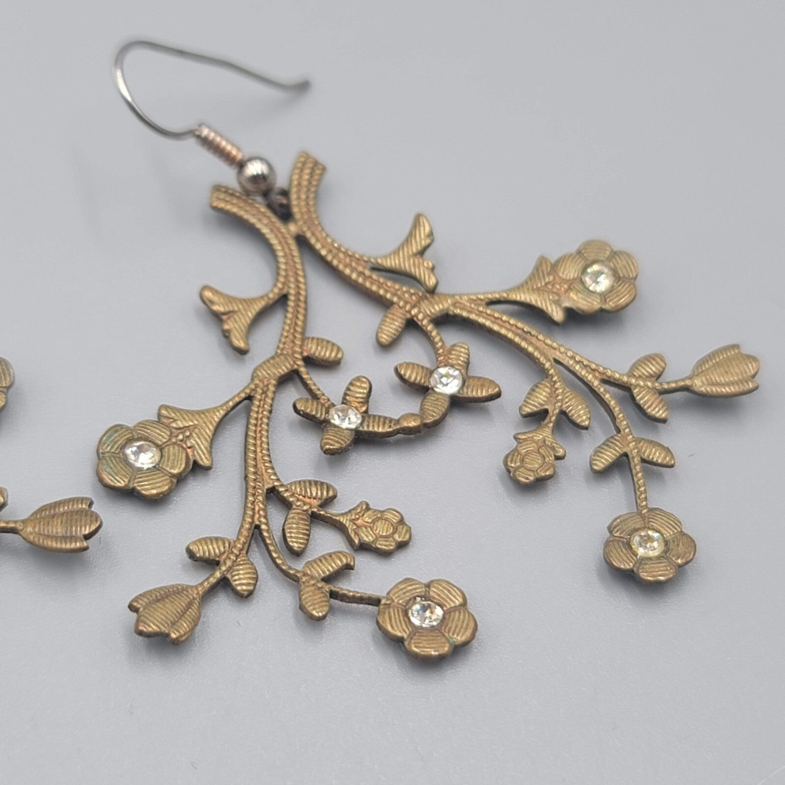 Leaf Statement Pierced Earrings Greenish Bronze tone Crystal Dangle 1.75"